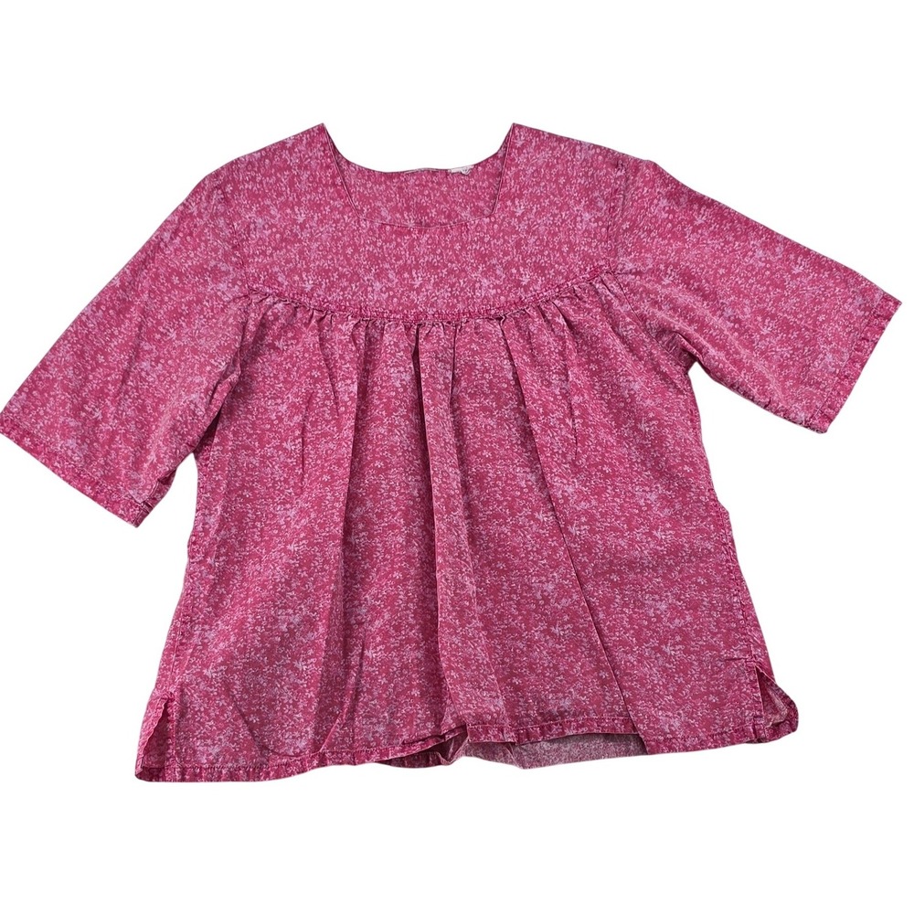 Unbranded Blouse Womens XL Top Pink Floral Pleated Yoke Short Sleeve Casual